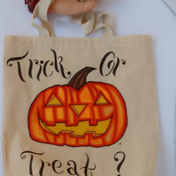 Hand Made Reusable Halloween Tote Bag With Orange Jack-O-Lantern Trick Or Treat - Picture 1 of 16
